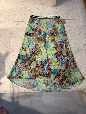 Striped Waist Floral Asymmetrical Midi Skirt - Multi-Color